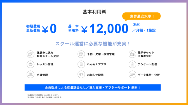 スコラプラスは会員の上限数なし、従量課金一切なし。基本プランに必要なオプションをプラスするだけのシンプルな料金設定です。